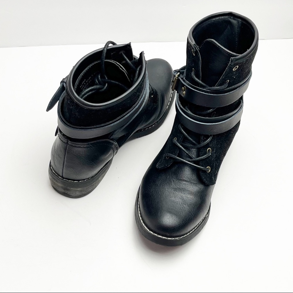 SHOE DAZZLE Alina Black Lace Up Wrap Buckle Combat Style Boots 7.5 Bikercore